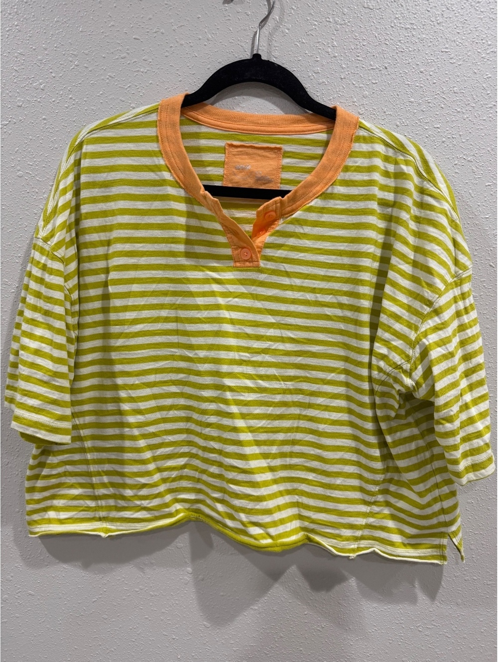 Aerie Green White Striped Henley Boxy Crop Tee Orange Trim Size M